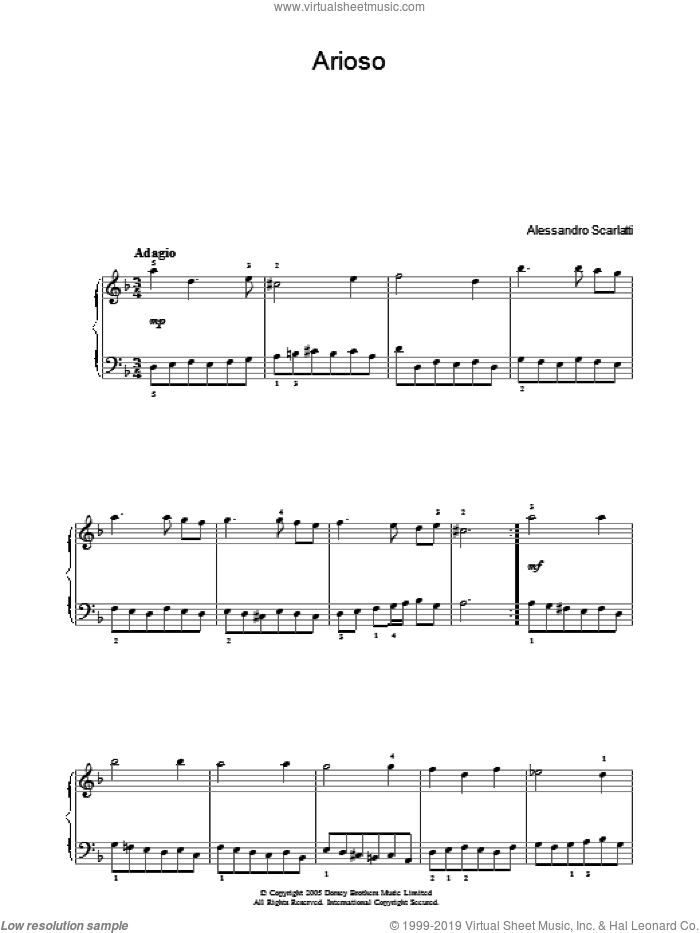 Arioso, (intermediate) sheet music for piano solo by Alessandro Scarlatti, classical score, intermediate skill level