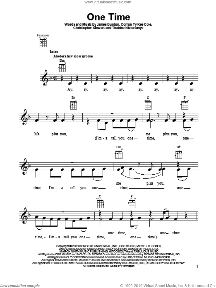 One Time sheet music for ukulele by Justin Bieber, intermediate skill level