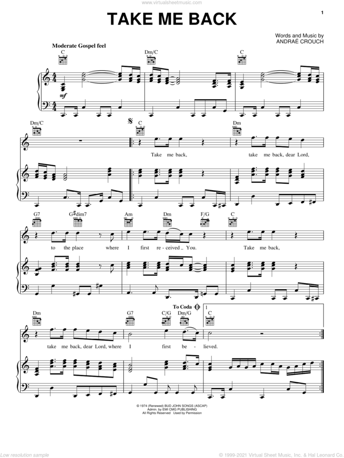 Take Me Back sheet music for voice, piano or guitar by Andrae Crouch and Andrae Crouch, intermediate skill level