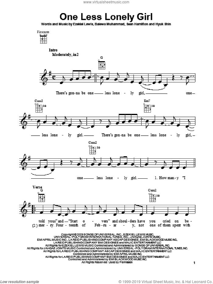 One Less Lonely Girl sheet music for ukulele by Justin Bieber, intermediate skill level