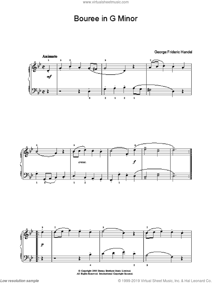 Bouree In G Minor sheet music for piano solo by George Frideric Handel, classical score, intermediate skill level