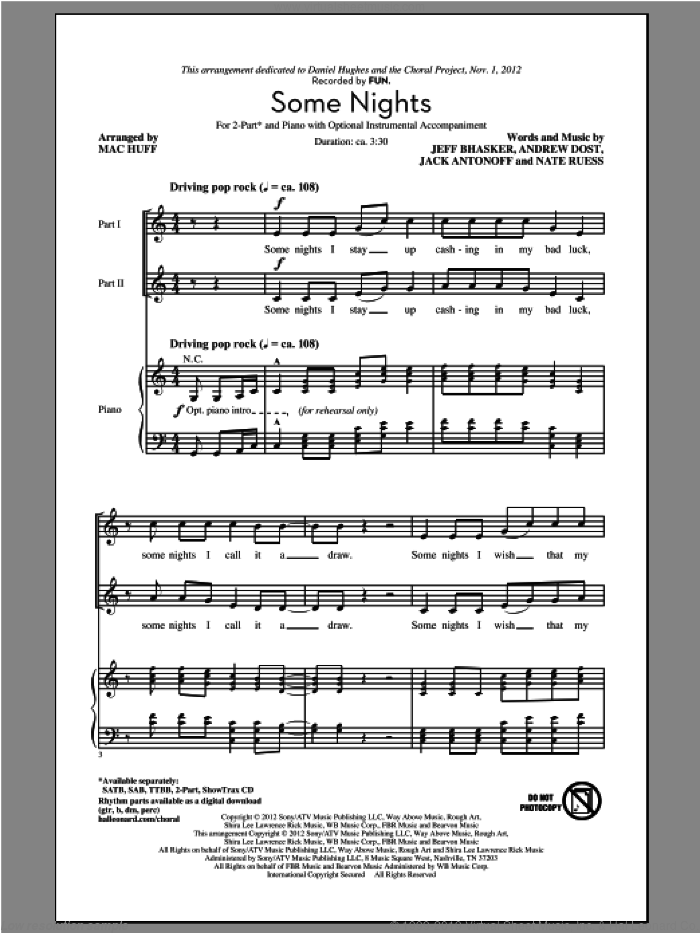 Some Nights (arr. Mac Huff) sheet music for choir (2-Part) by Mac Huff and Fun, intermediate duet
