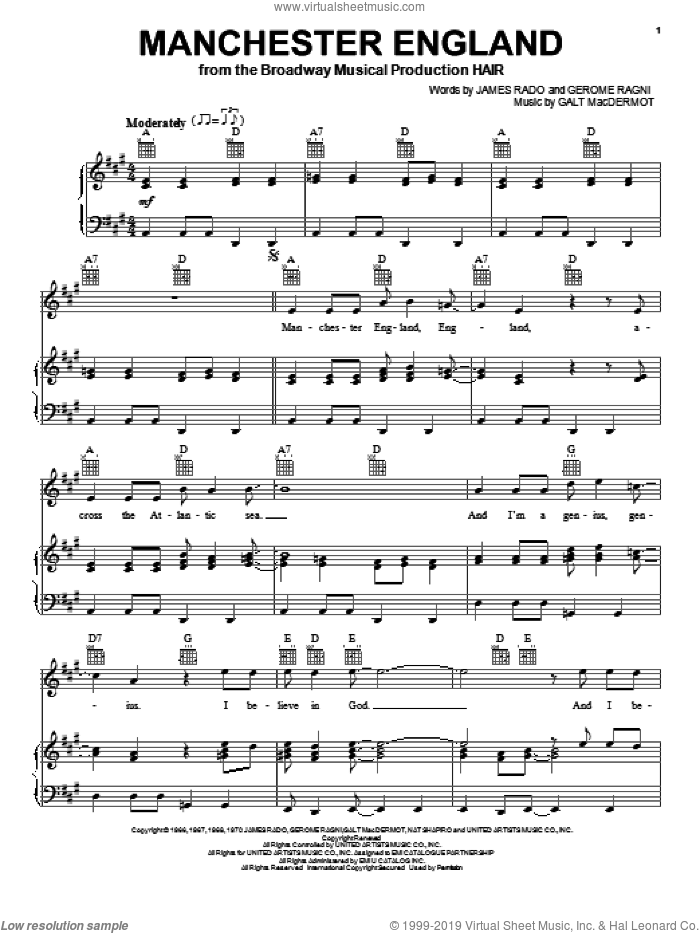 Manchester England sheet music for voice, piano or guitar by Gerome Ragni, Galt McDermot and James Rado, intermediate skill level