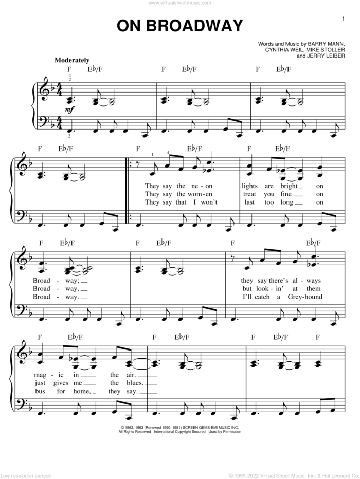 On Broadway sheet music for piano solo by The Drifters, easy skill level
