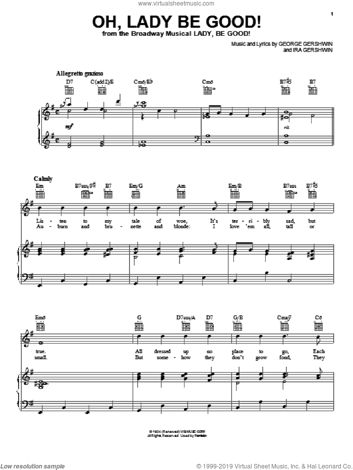 Oh, Lady Be Good! sheet music for voice, piano or guitar by Ira Gershwin and George Gershwin, intermediate skill level