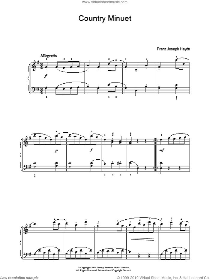 Country Minuet sheet music for piano solo by Franz Joseph Haydn, classical score, intermediate skill level