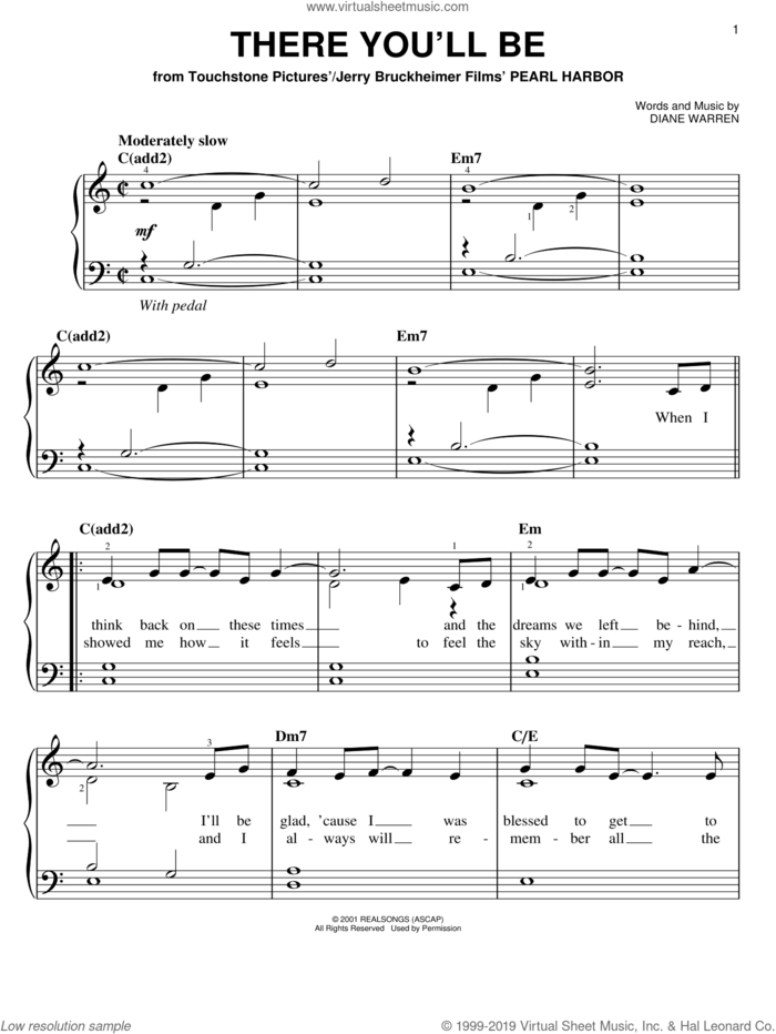 There You'll Be sheet music for piano solo by Faith Hill and Diane Warren, easy skill level