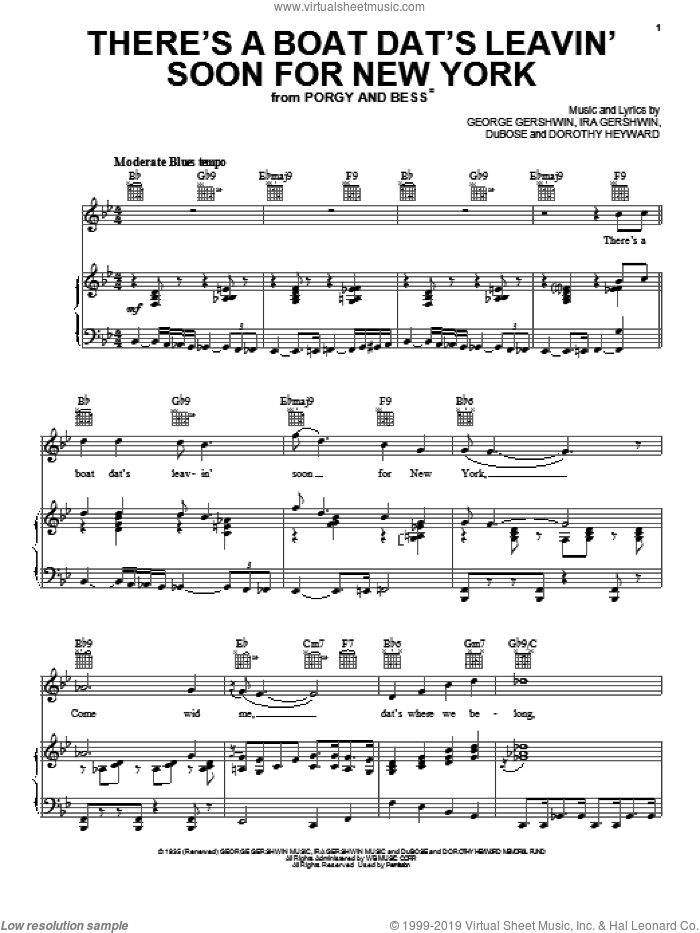 There's A Boat Dat's Leavin' Soon For New York sheet music for voice, piano or guitar by George Gershwin and Ira Gershwin, intermediate skill level