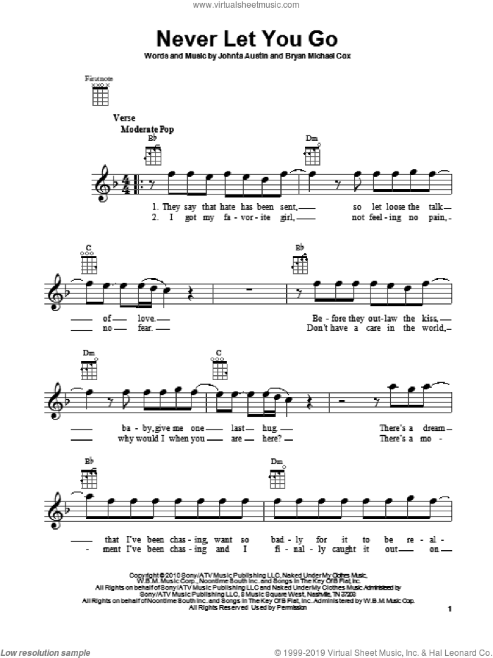 Never Let You Go sheet music for ukulele by Justin Bieber, intermediate skill level