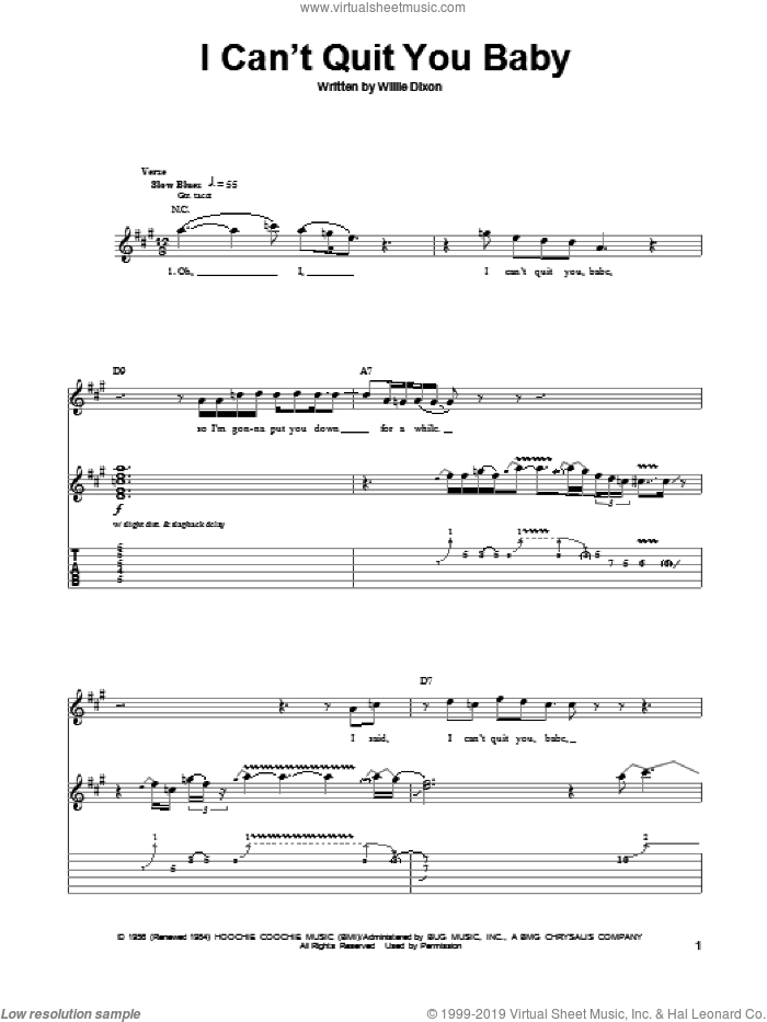I Can't Quit You Baby sheet music for guitar (tablature, play-along) by Led Zeppelin and Willie Dixon, intermediate skill level
