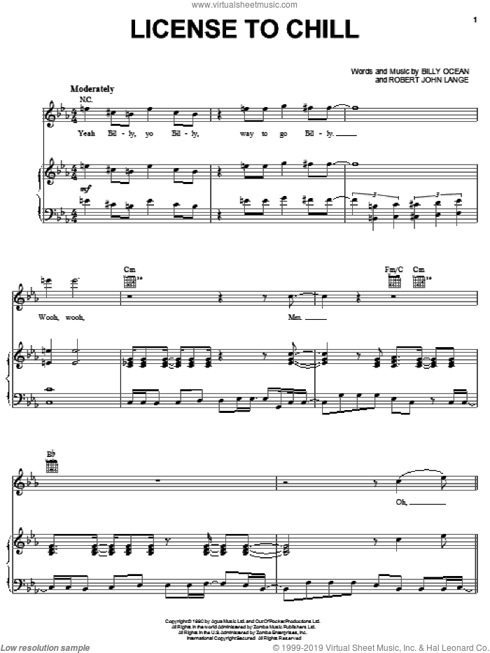 License To Chill sheet music for voice, piano or guitar by Billy Ocean and Robert John Lange, intermediate skill level