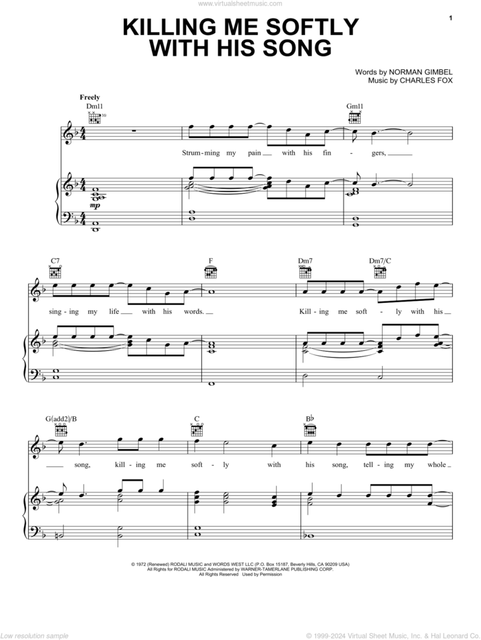 Killing Me Softly With His Song sheet music for voice, piano or guitar by Roberta Flack, The Fugees, Charles Fox and Norman Gimbel, intermediate skill level