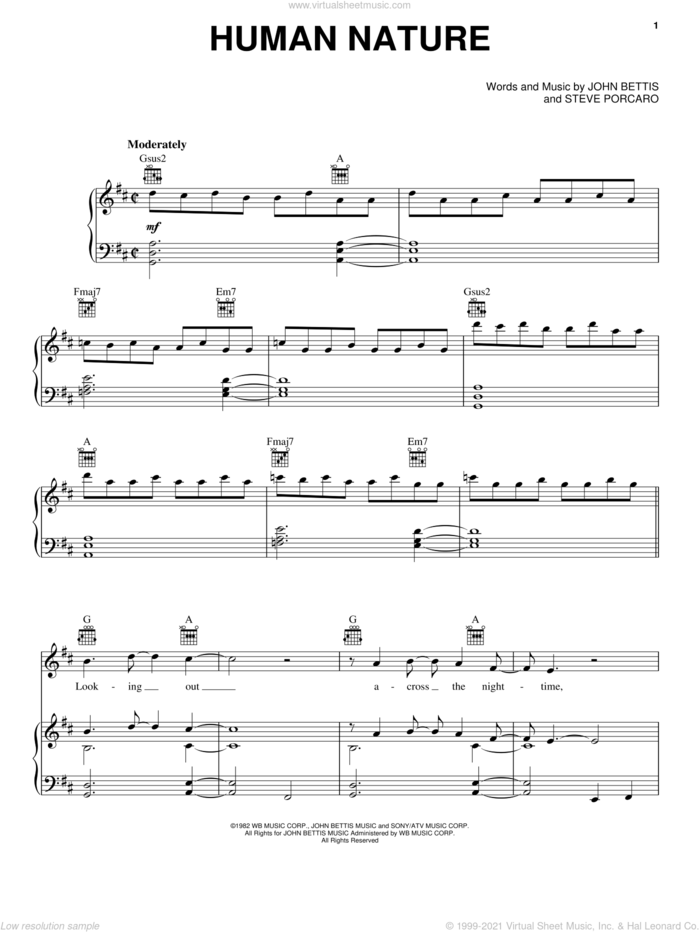 Human Nature sheet music for voice, piano or guitar by Michael Jackson, intermediate skill level