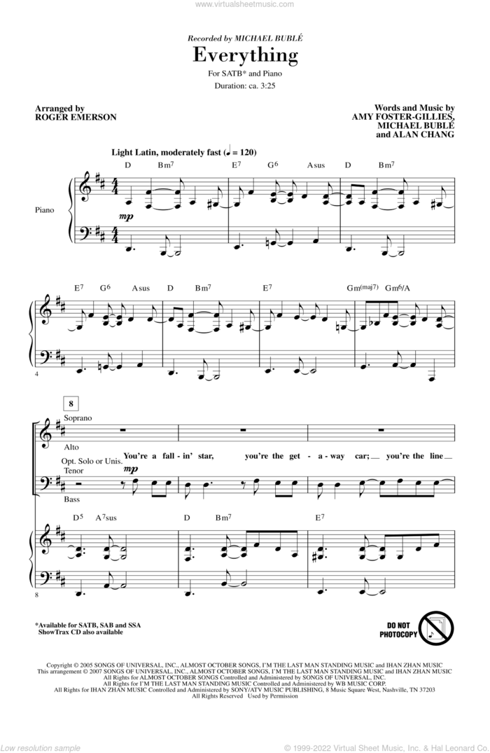 Everything sheet music for choir (SATB: soprano, alto, tenor, bass) by Roger Emerson and Michael Buble, intermediate skill level