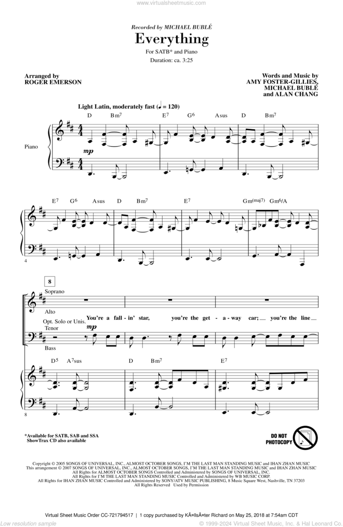 Everything sheet music for choir (SATB: soprano, alto, tenor, bass) by Roger Emerson and Michael Buble, intermediate skill level