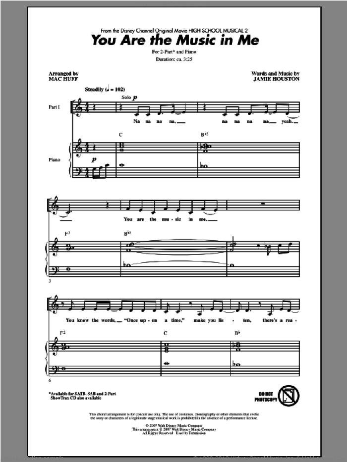 You Are The Music In Me (from High School Musical 2) (arr. Mac Huff) sheet music for choir (2-Part) by Mac Huff, Zac Efron and Vanessa Anne Hudgens, High School Musical 2 (Movie) and Jamie Houston, intermediate duet
