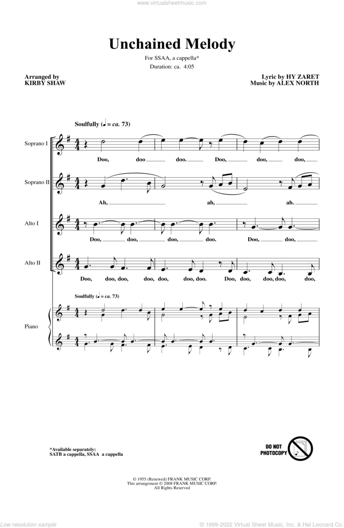 Unchained Melody (Arr. Kirby Shaw) sheet music for choir (SSAA: soprano, alto) by Kirby Shaw, Alex North, Hy Zaret and The Righteous Brothers, wedding score, intermediate skill level