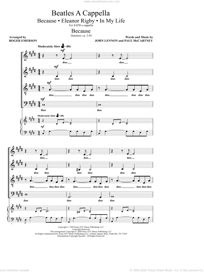 Beatles A Cappella sheet music for choir (SATB: soprano, alto, tenor, bass) by The Beatles and Roger Emerson, intermediate skill level