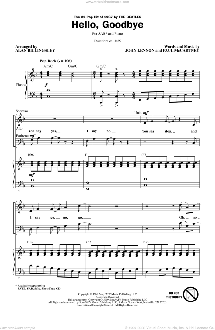 Hello, Goodbye (arr. Alan Billingsley) sheet music for choir (SAB: soprano, alto, bass) by The Beatles, Alan Billingsley, John Lennon and Paul McCartney, intermediate skill level