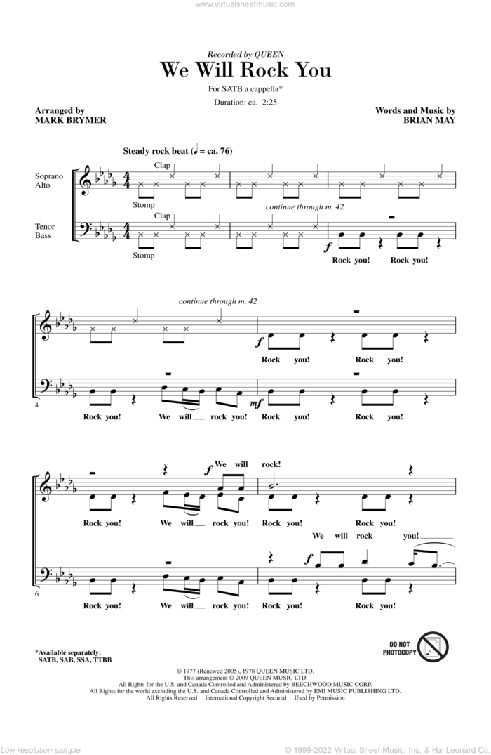 We Will Rock You (arr. Mark Brymer) sheet music for choir (SATB: soprano, alto, tenor, bass) by Mark Brymer and Queen, intermediate skill level