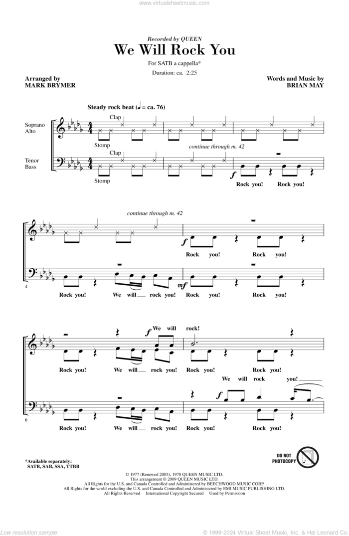 We Will Rock You (arr. Mark Brymer) sheet music for choir (SATB: soprano, alto, tenor, bass) by Mark Brymer and Queen, intermediate skill level