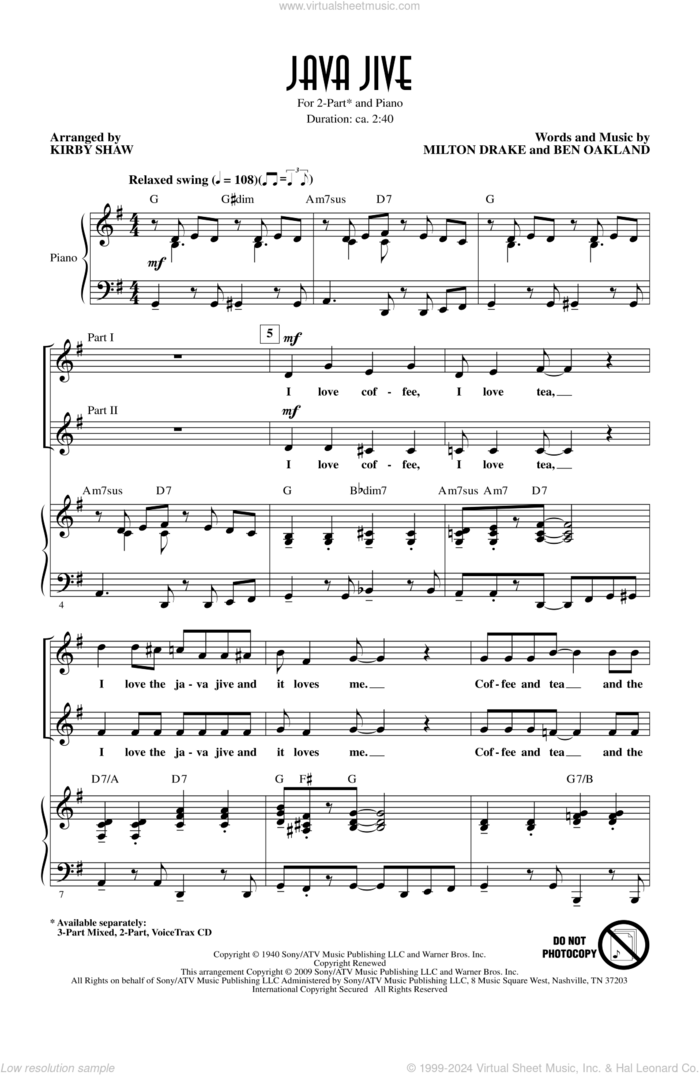 Java Jive (arr. Kirby Shaw) sheet music for choir (2-Part) by The Ink Spots and Kirby Shaw, intermediate duet