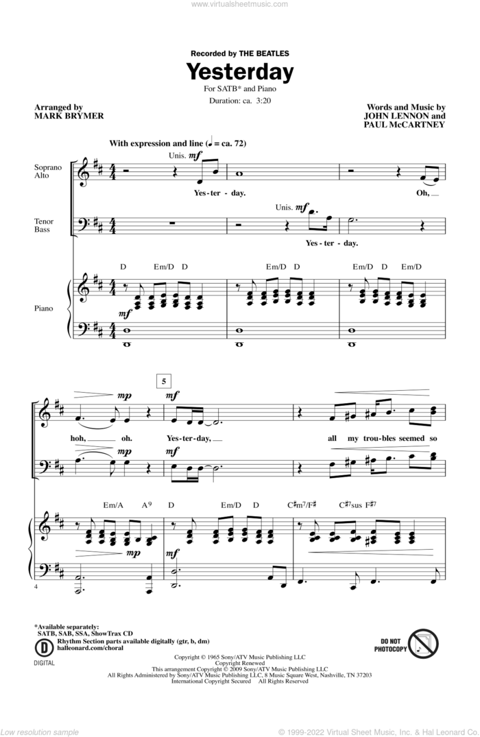 Yesterday sheet music for choir (SATB: soprano, alto, tenor, bass) by The Beatles, John Lennon, Mark Brymer and Paul McCartney, intermediate skill level