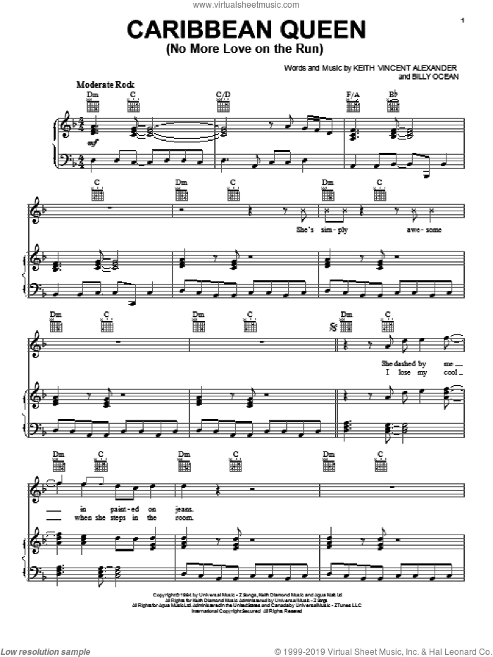 Caribbean Queen (No More Love On The Run) sheet music for voice, piano or guitar by Billy Ocean and Keith Vincent Alexander, intermediate skill level