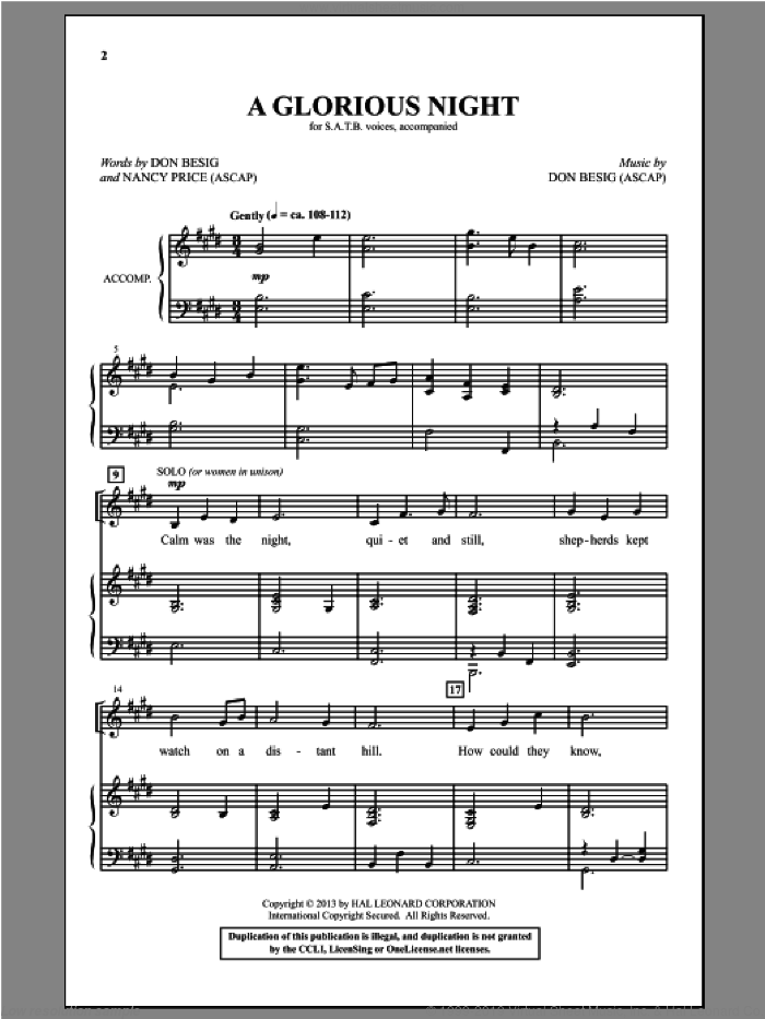 A Glorious Night sheet music for choir (SATB: soprano, alto, tenor, bass) by Don Besig and Nancy Price, intermediate skill level