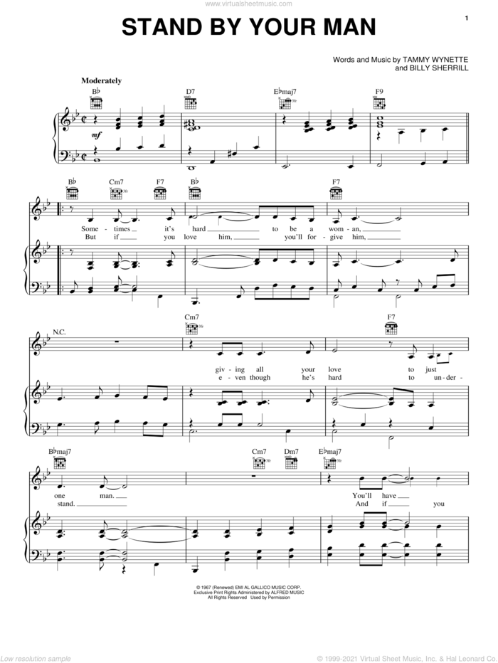 Stand By Your Man sheet music for voice, piano or guitar by Tammy Wynette, intermediate skill level