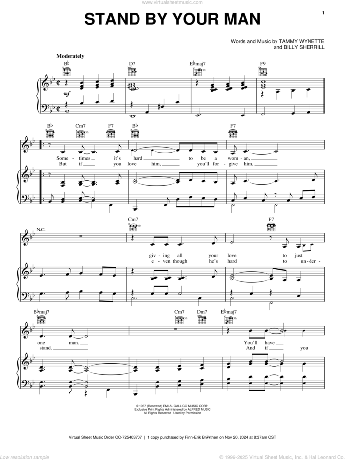 Stand By Your Man sheet music for voice, piano or guitar by Tammy Wynette, intermediate skill level