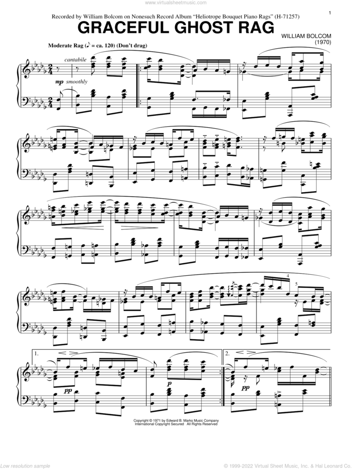 Graceful Ghost Rag sheet music for piano solo by William Bolcom, intermediate skill level