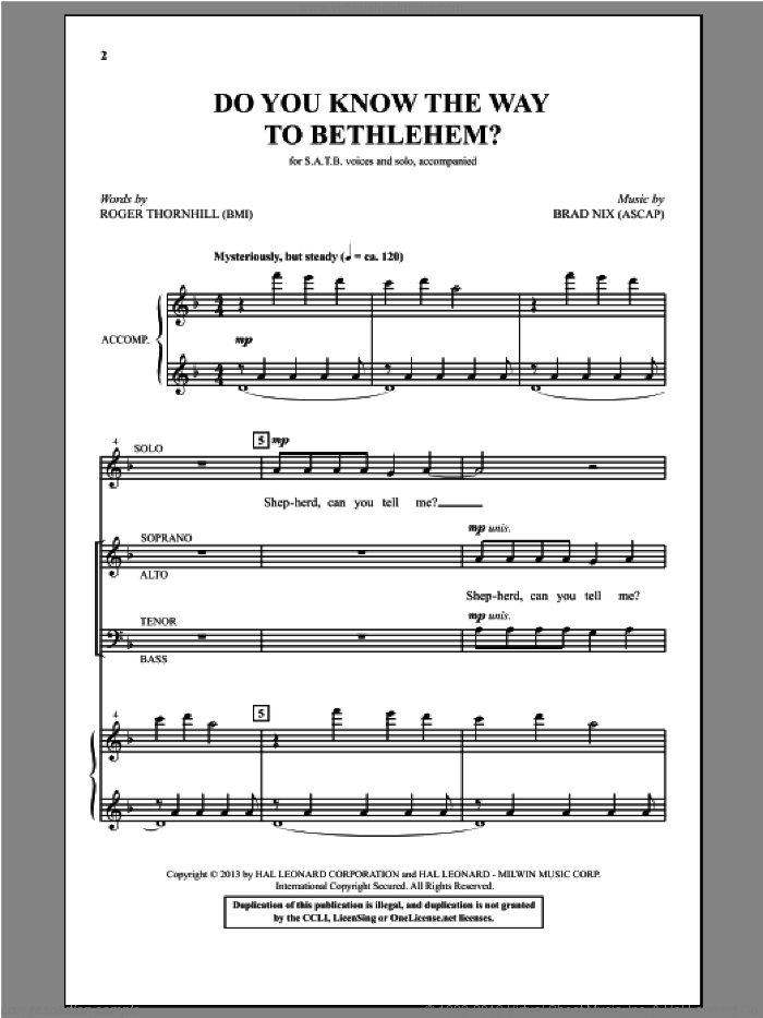 Do You Know The Way To Bethlehem? sheet music for choir (SATB: soprano, alto, tenor, bass) by Brad Nix and Roger Thornhill, intermediate skill level