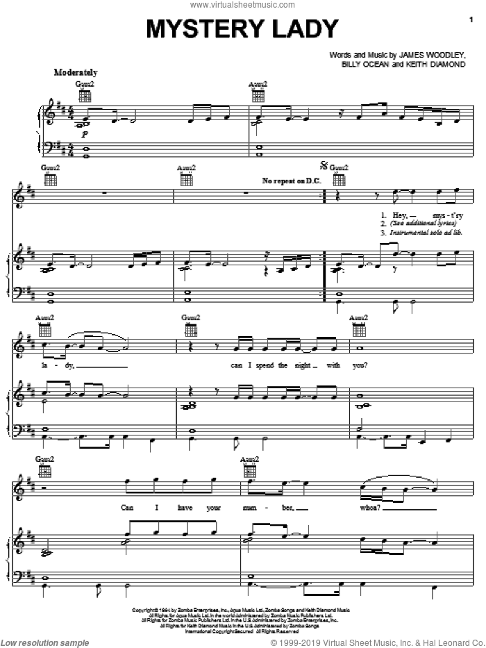 Mystery Lady sheet music for voice, piano or guitar by Billy Ocean, James Woodley and Keith Diamond, intermediate skill level