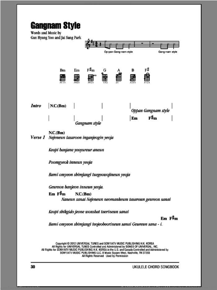Gangnam Style sheet music for ukulele (chords) by PSY, intermediate skill level