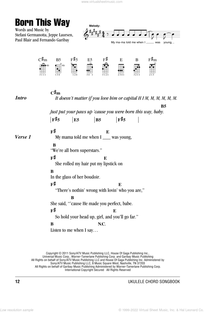 Born This Way sheet music for ukulele (chords) by Lady Gaga, intermediate skill level