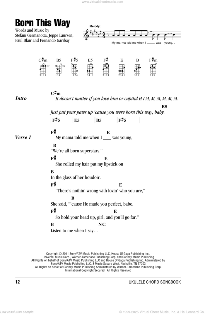 Born This Way sheet music for ukulele (chords) by Lady Gaga, intermediate skill level