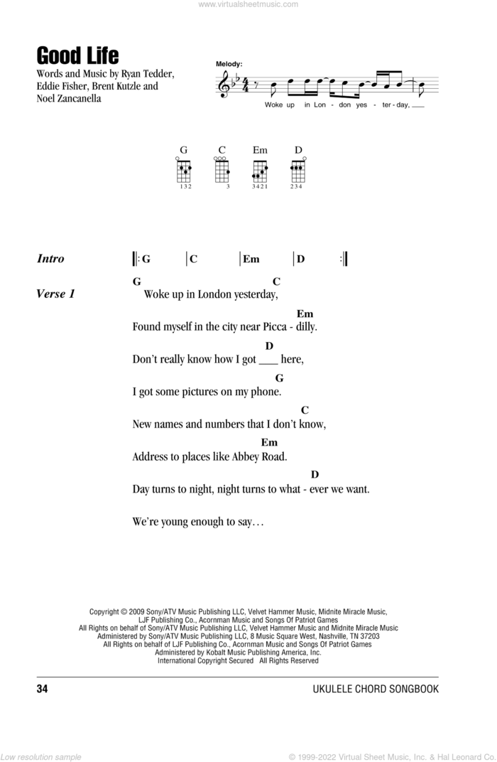 Good Life sheet music for ukulele (chords) by OneRepublic, intermediate skill level