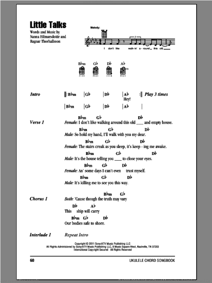 Little Talks sheet music for ukulele (chords) by Of Monsters And Men, intermediate skill level