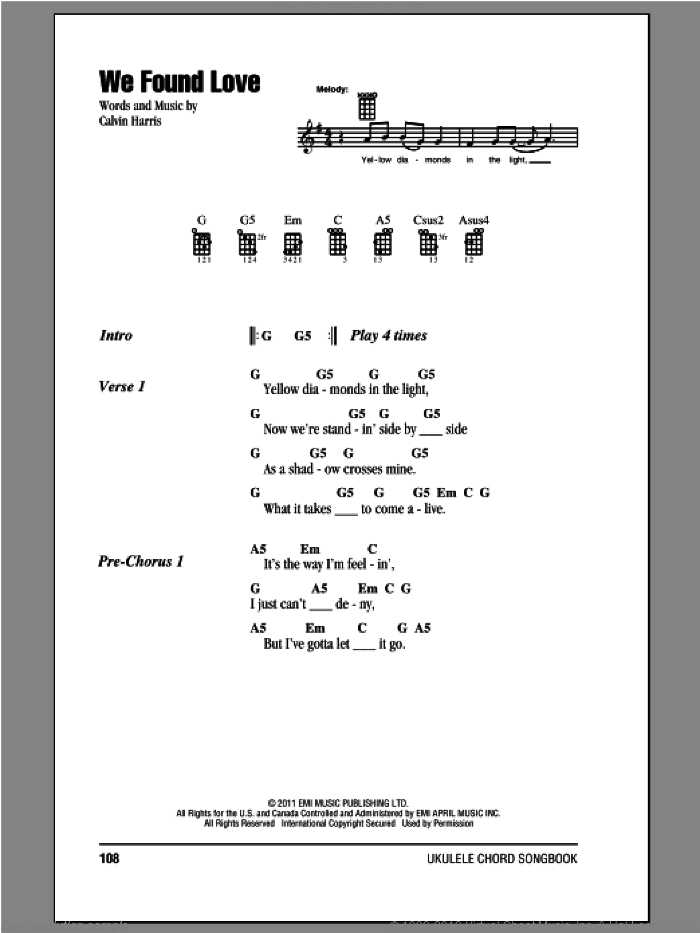 We Found Love sheet music for ukulele (chords) by Rihanna and Calvin Harris, intermediate skill level