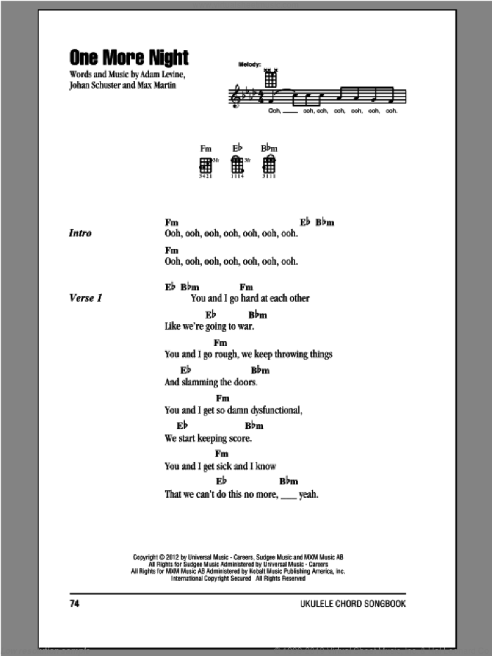 One More Night sheet music for ukulele (chords) by Maroon 5, intermediate skill level