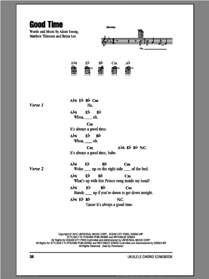Good Time sheet music for ukulele (chords) by Owl City, intermediate skill level