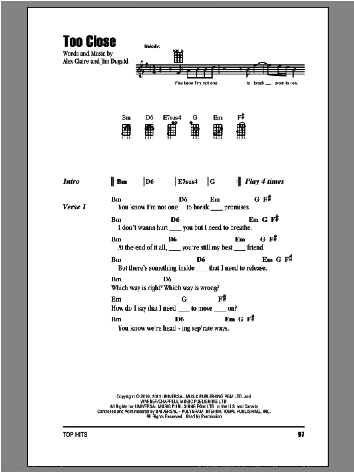 Too Close sheet music for ukulele (chords) by Alex Clare and Alex Claire, intermediate skill level