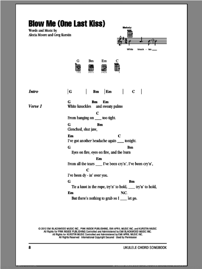 Blow Me (One Last Kiss) sheet music for ukulele (chords), intermediate skill level