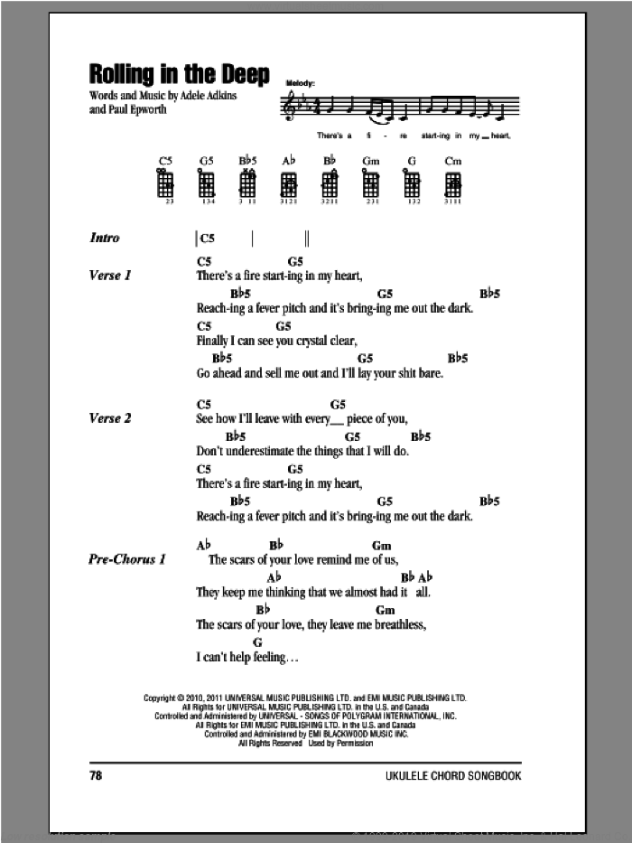 Rolling In The Deep sheet music for ukulele (chords) by Adele, intermediate skill level