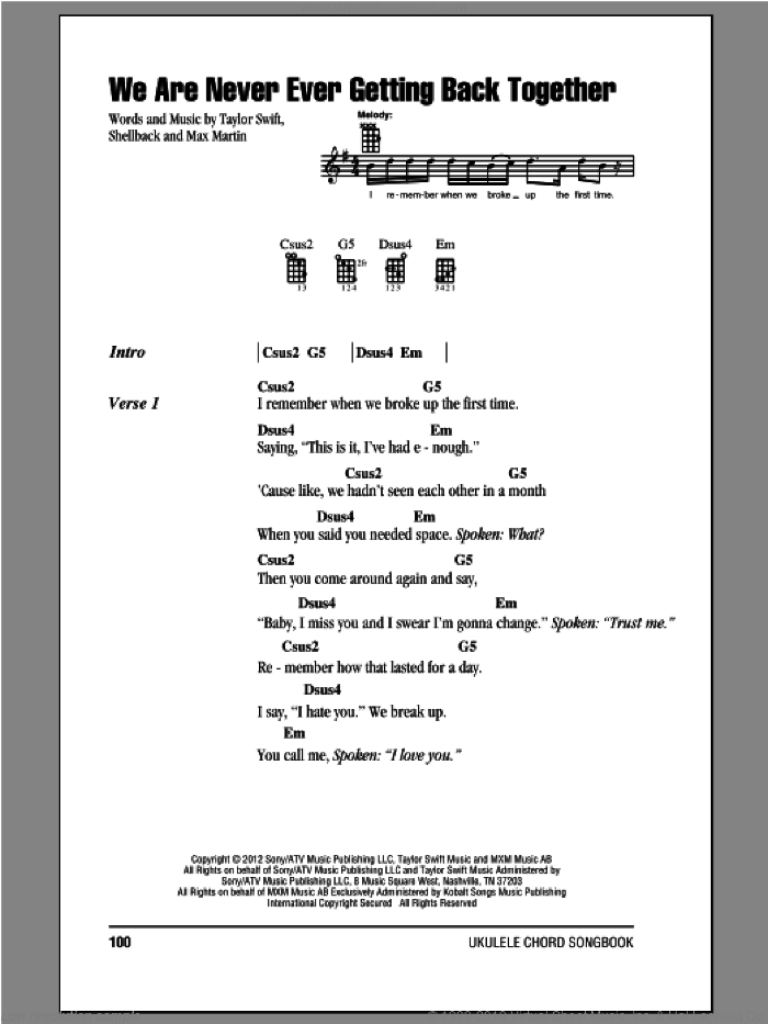 We Are Never Ever Getting Back Together sheet music for ukulele (chords) by Taylor Swift, intermediate skill level