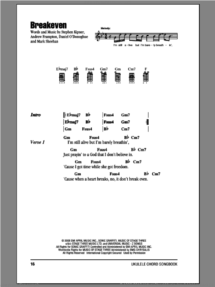 Breakeven sheet music for ukulele (chords) by The Script, intermediate skill level