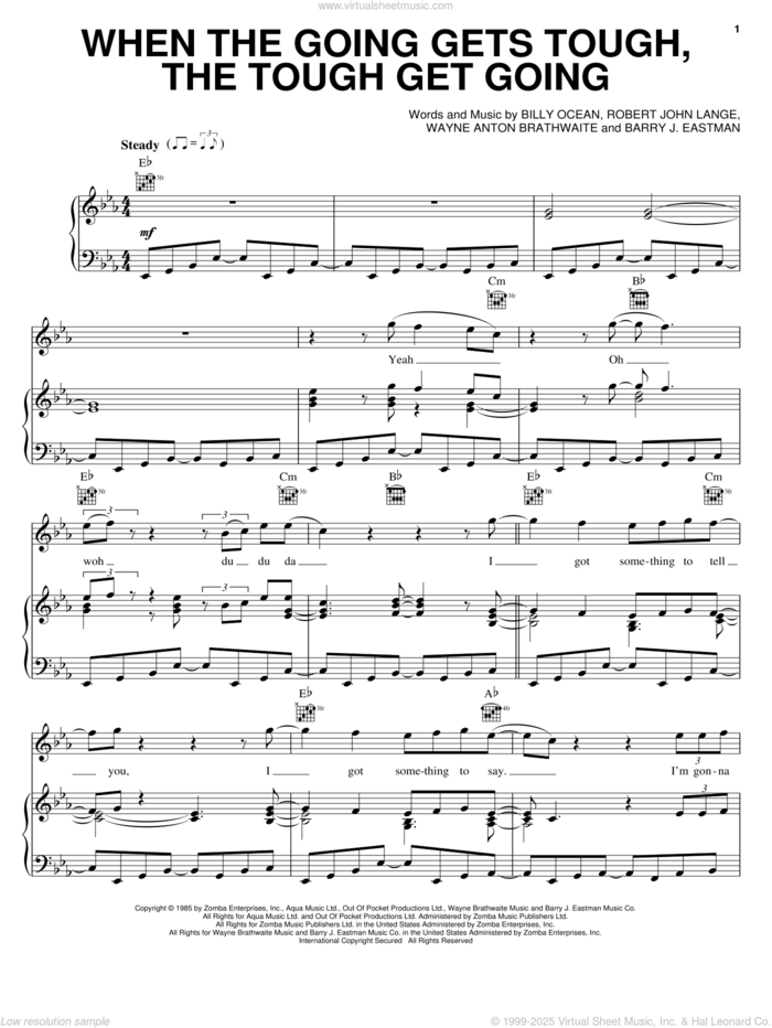 When The Going Gets Tough, The Tough Get Going sheet music for voice, piano or guitar by Billy Ocean, Barry J. Eastman, Robert John Lange and Wayne Brathwaite, intermediate skill level