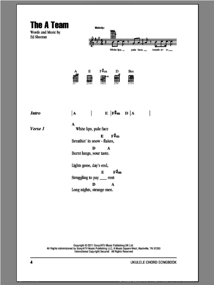 The A Team sheet music for ukulele (chords) by Ed Sheeran, intermediate skill level