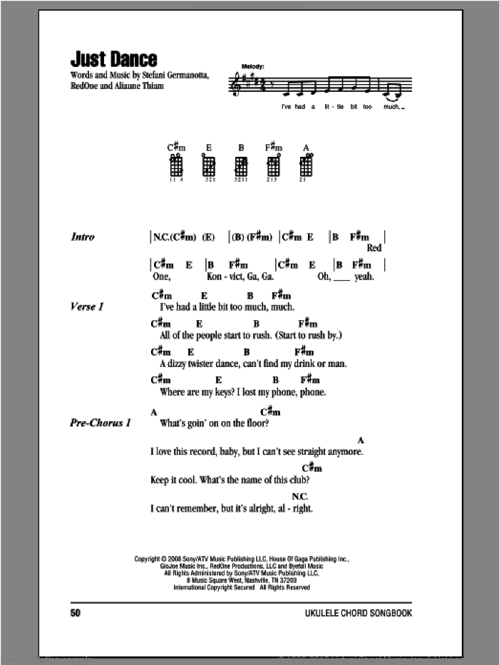 Just Dance sheet music for ukulele (chords) by Lady Gaga, intermediate skill level